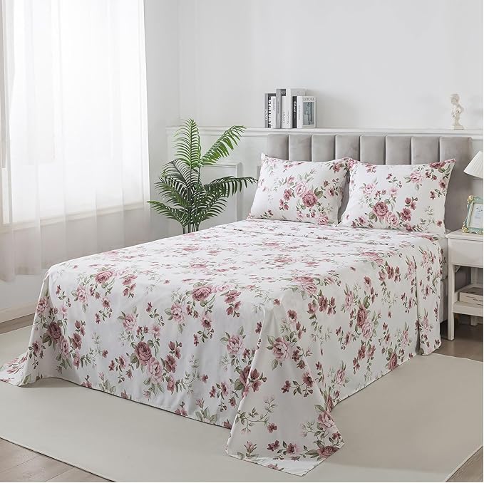 FADFAY Beige Vintage Floral Full Size Sheets Set Premium 100% Cotton Shabby Brick Red Rose Pattern Bedding Set Deep Pocket Sheets with 2 Pillowcases Luxury Breathable Soft 4Pcs, Full Size