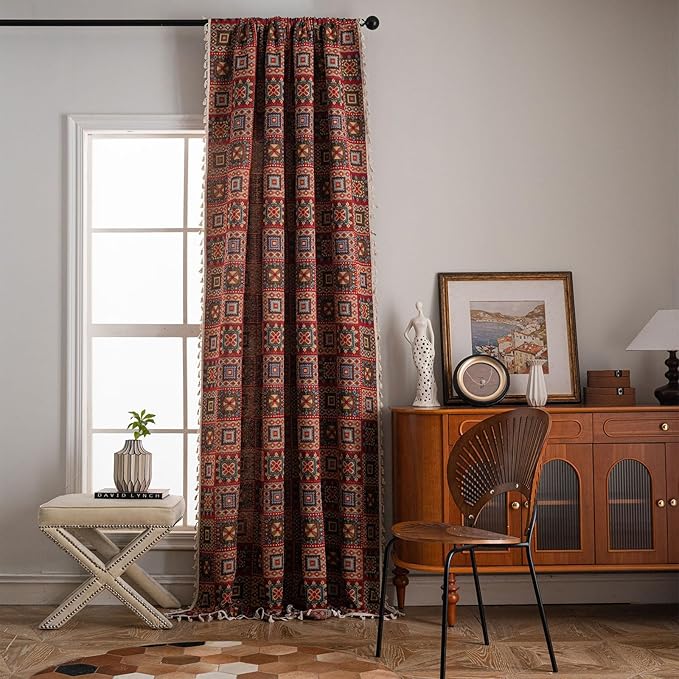 ENJOYBRIDAL Patchwork 84 Inch Curtains for Living Room Boho Drapes Bedroom Jacquard Bohemian Floor Length Window Curtains 2 Panels Semi Sheer Rod Pocket Red Cute Geometric Patterned Window Treatments