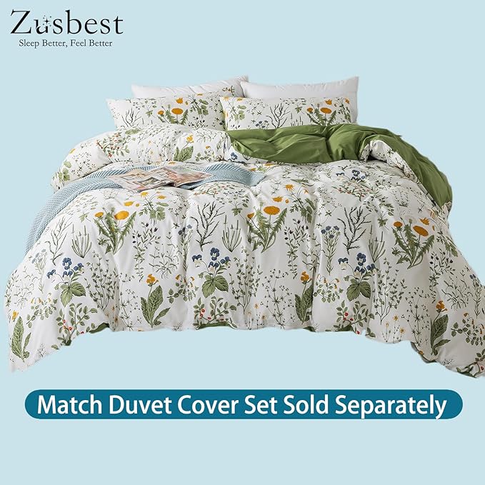Zusbest Queen Sheet Set 100% Percale Cotton Green Floral Bed Sheet Set Yellow Flower & Green Leaves Botanical Pattern Printed on White Garden Luxury Crisp Soft Deep Pocket Fitted Sheet 17.5'' 4Pcs