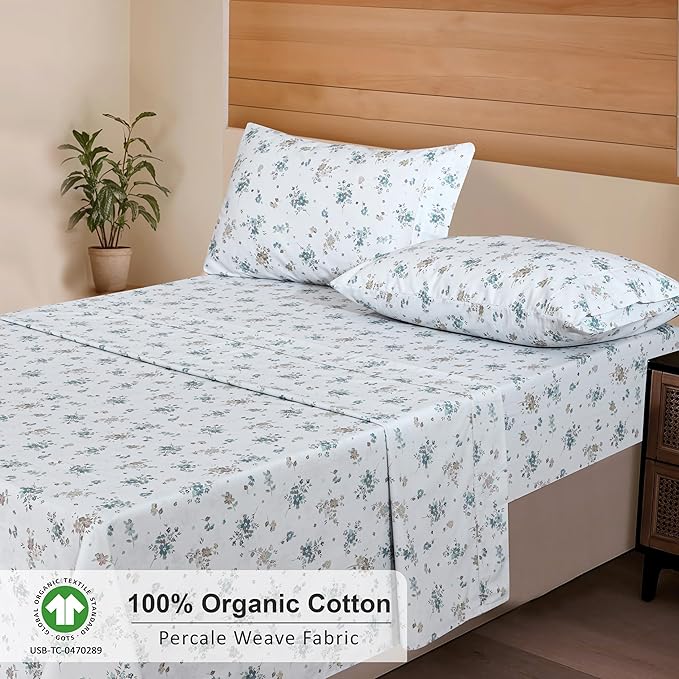 RUVANTI 100% Organic Cotton Sheets Queen Size, Percale Weave, GOTS Certified, 4-Piece Set, Deep Pocket 15", Crisp & Breathable, Soft Durable Bedding, Sábanas Algodón Orgánico – Halcyon