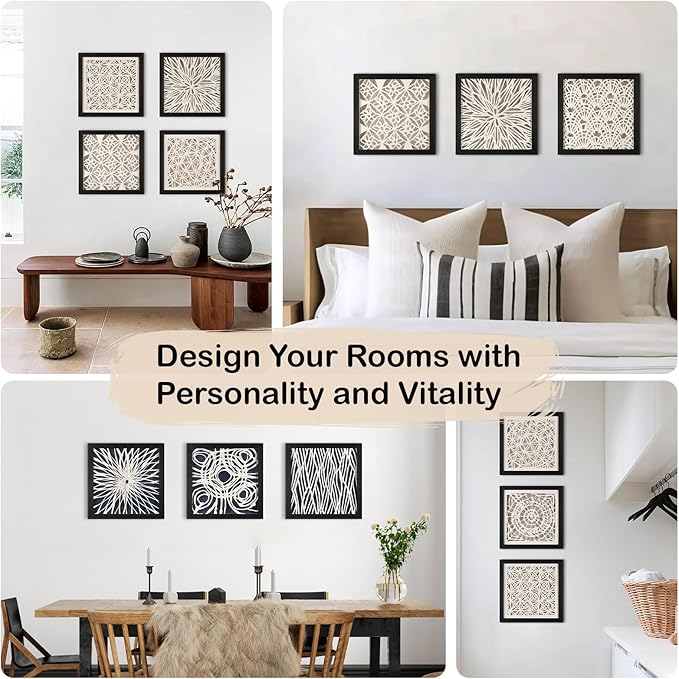 FOLKOR Framed Wall Art Black and White for Rustic Farmhouse Home Decor, 12" Rice Paper Neutral Wall Art Hanging Sculpture, Abstract Floral Artwork for Entryway Fireplace Above Bed Tv Accent