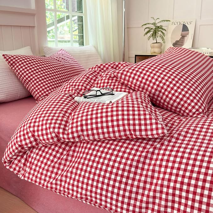 LifeTB Queen Comforter Set Red Gingham Comforter Modern Style Plaid Boho Comforter Set 3 Pieces Fluffy Grid Checkered Comforter with 2 Pillowcases Farmhouse Gingham Bedding Set Queen Size
