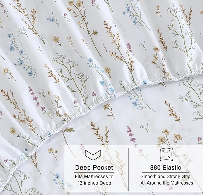 RUVANTI 100% Organic Cotton Sheets California King, Percale Weave, GOTS Certified, 4-Piece Set, Deep Pocket 13", Crisp & Breathable, Soft Durable Bedding, Sábanas Algodón Orgánico – Field Flower