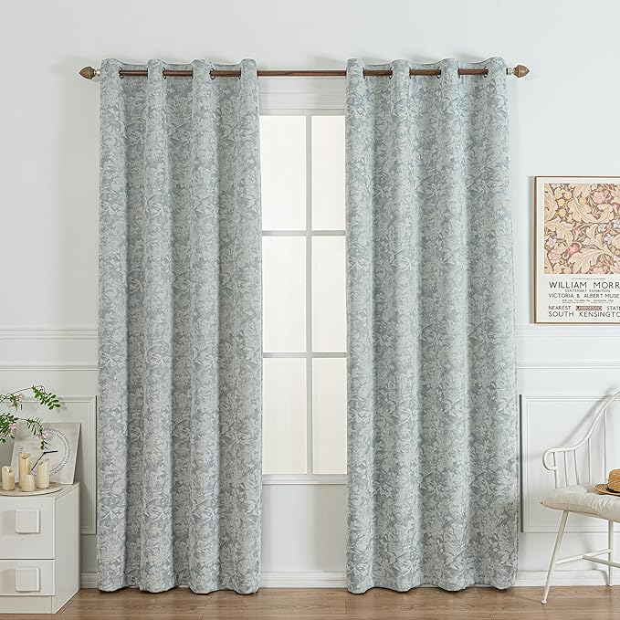 Chenille Floral Blackout Curtains 96 Inch Length 2 Panels Set - Bedroom Living Room Darkening Thermal Insulated Black Out Window Treatments Grommet Jacquard Drapes 52 Inch Wide Blue