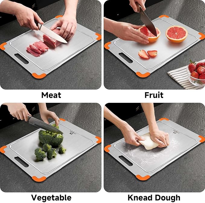 100% Pure Titanium Cutting Board with Grooves, Update Double Side Titanium Chopping Board, Silicone Anti-slip Stainless Cutting Boards for Kitchen 10 * 14 IN, Orange