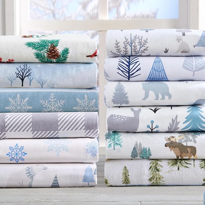 Market & Place 100% Cotton Twin Flannel Sheet Set | 3 Piece Deep Pocket Novelty Cozy Winter Bed Sheets | Double Brushed for Extra Softness & Comfort | Alpine Collection (Twin, Watercolor Forest)