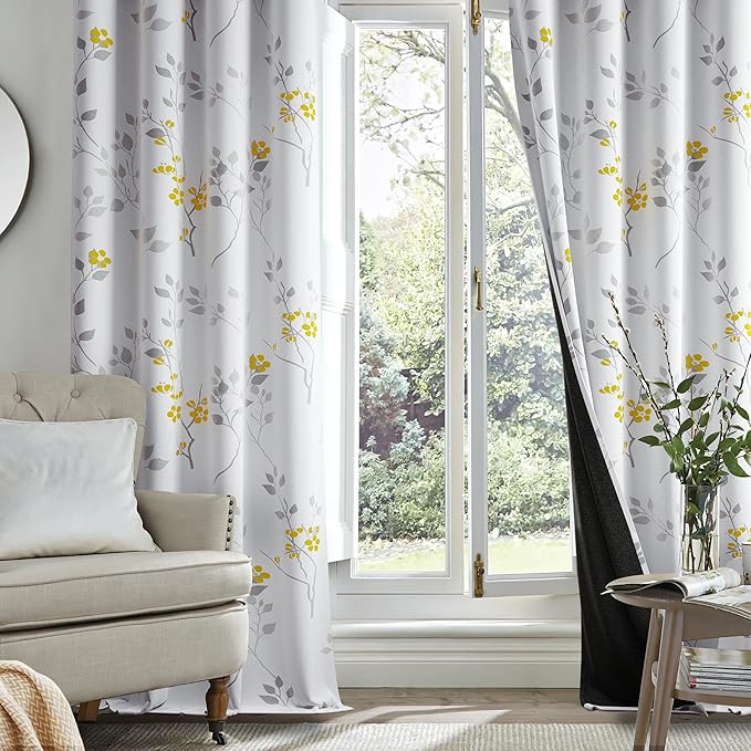 Beauoop Floral 100% Blackout Curtains 84 Inches Long 2 Panels for Bedroom Living Room Yellow Grey and White Flower Patterned Room Darkening Thermal Soundproof Grommet Window Treatments Drapes, 52X84