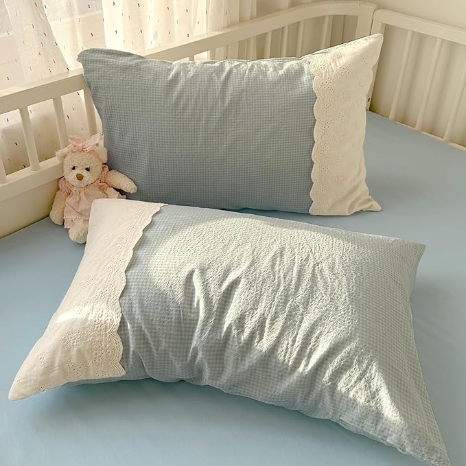 LifeTB Blue Gingham Comforter Set Queen Romantic Lace Style Plaid Checkered Comforter Set Cute Grid Bed Comforter with 2 Pillowcases Cozy Gingham Bedding Set Blue Plaid Comforter for Teen Girls