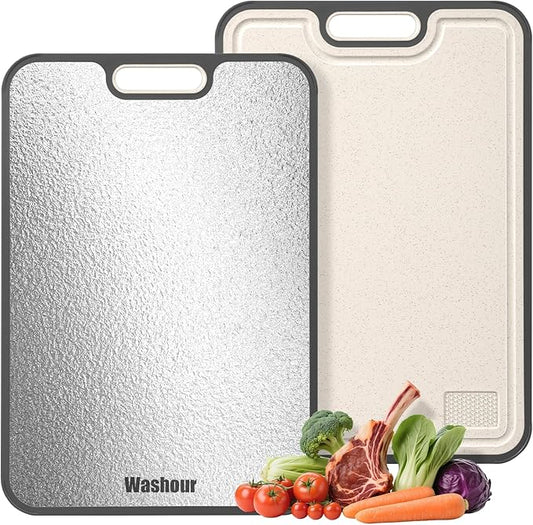 Stainless Steel Cutting Boards for Kitchen, Non Toxic Double Sided Cutting Board, 2-in-1 Wheat Straw PP, Large Chopping Board for Meat and Fruit, Non-Slip, Gifts for Housewarming 16”×11”