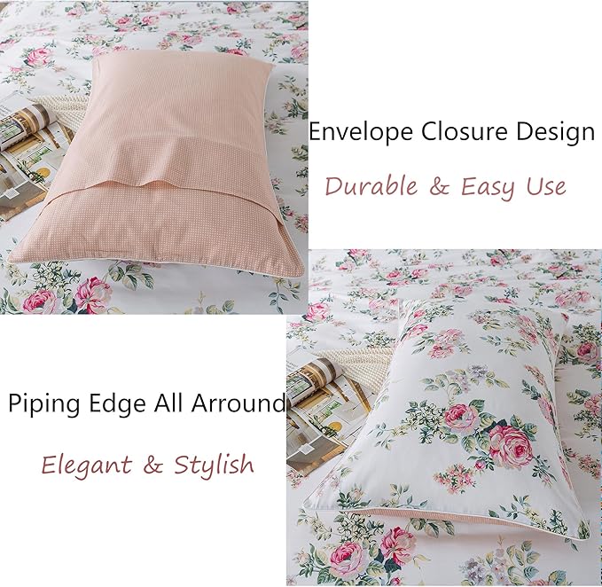 FADFAY Duvet Cover Set Queen Pink Rose Floral Bedding Shabby Peony Flower Quilt Cover Set Vintage Farmhouse Bedding 100% Cotton Soft Comforter Cover Set with Hidden Zipper Closure 3Pcs, Queen Size