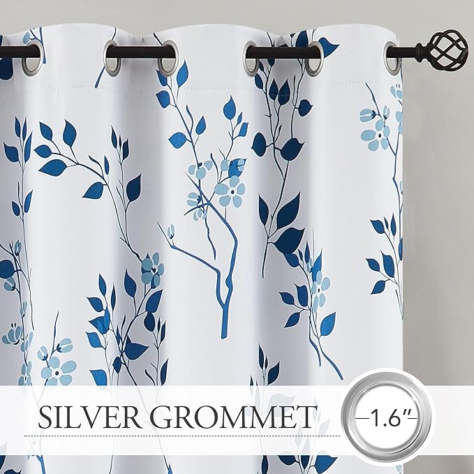 Beauoop Floral 100% Blackout Curtains 96 Inches Long 2 Panels for Bedroom Living Room Navy Blue and White Flower Patterned Room Darkening Thermal Soundproof Grommet Window Treatments Drapes, 52X96