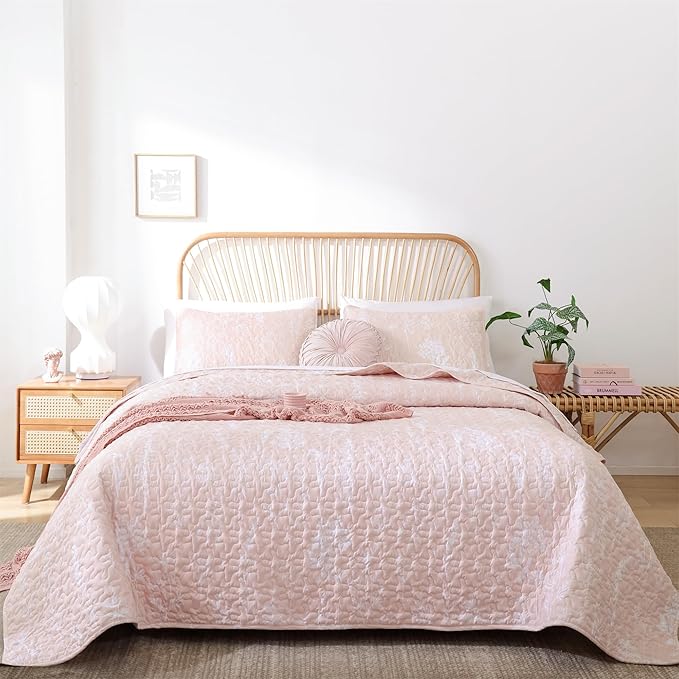 JANZAA Quilt King Size Blush Quilt Botanical with Floral Pattern Microfiber Bedspreads King Size 3 Pieces Lightweight Comforter Reversible Bedding Set with 2 Pillowcases