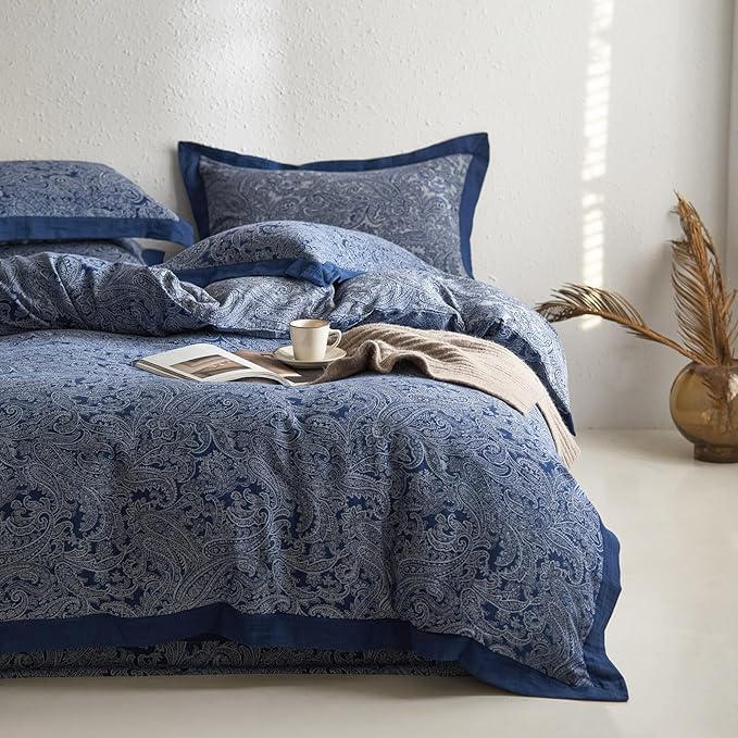 Navy Blue Paisley Floral Duvet Cover Queen Premium Yarn-Dyed Cotton Linen Duvet Cover Elegant Jacquard Boho Bedding Set Queen Vintage Paisley Flower Duvet Cover Cozy Breathable Floral Bedding Set