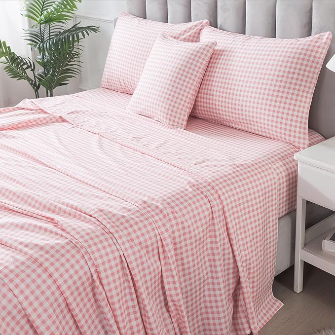 FADFAY Pink Plaid Queen Size Sheets 100% Cotton Geometric Checker Bedding Teens Grid White Gingham Pattern College Bedding Deep Pocket Sheets with 2 Pillowcases Ultra Soft 4pcs, Queen Size