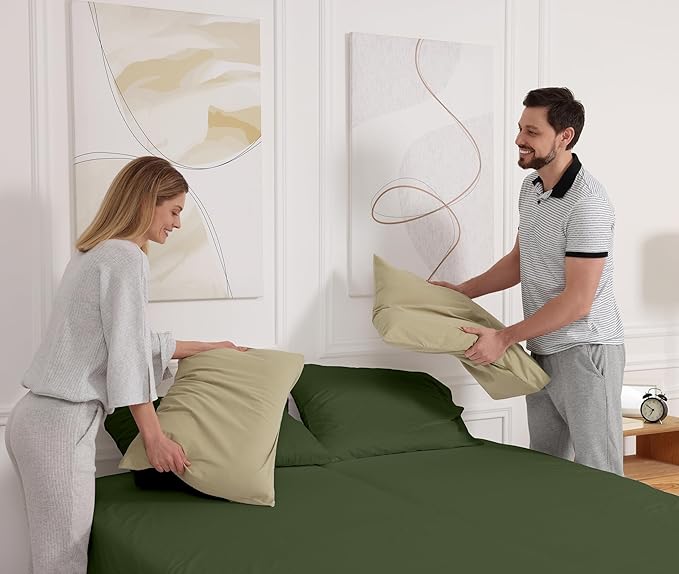 RUVANTI 100% Cotton Sheets Queen Size Set, 4 Pieces, Soft & Breathable Percale Weave Bedding, Deep Pocket 16", Hotel Standard, Crisp Cool Feeling, Durable, Perfect Dyed Bed Sheet, Chive
