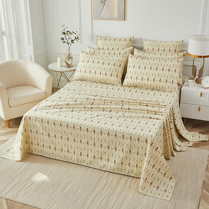 FADFAY Twin Size 100% Cotton Beige Bed Sheets Set Elegant Red Rose Floral Pattern, Soft and Luxurious Shabby Vintage French Country Bedding, 4 Pieces Deep Pocket Fitted Sheet