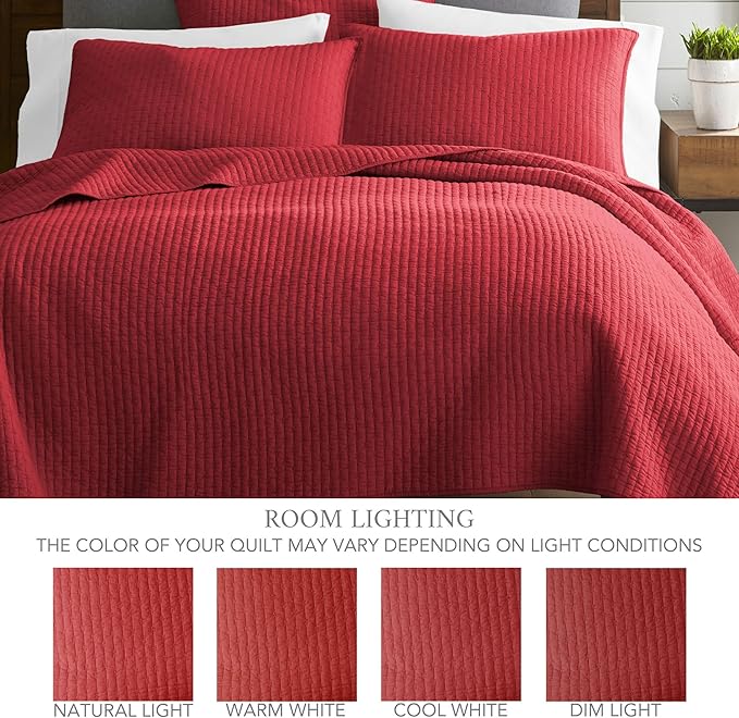 Levtex Home Cross Stitch Reversible King/Cal King Quilt Set (106x92in) with 2 Pillow Shams (36x20in) - Stitch Texture - Chile Red - Cotton King Size Quilt Bedding Set - Lightweight, Soft, Pre-Washed