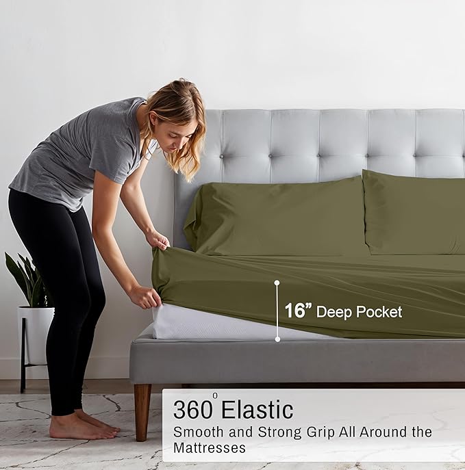 RUVANTI 100% Organic Cotton Sheets Twin Size, Percale Weave, GOTS Certified, 3-Piece Set, Deep Pocket 15", Crisp & Breathable, Soft Durable Bedding, Sábanas Algodón Orgánico – Olive