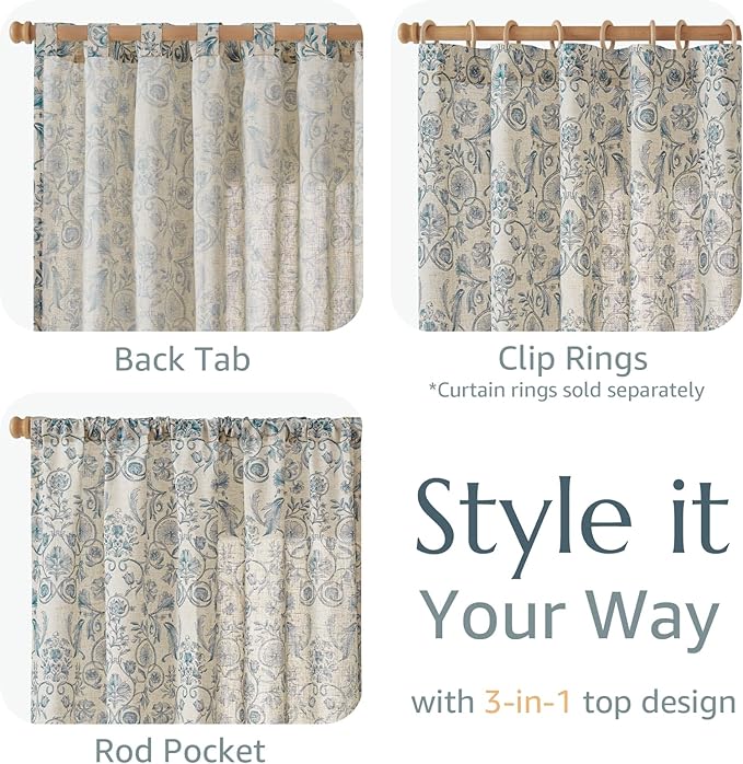jinchan Linen Floral Curtains for Living Room with Printed Flower 84 Inches Long Light Filtering Farmhouse Window Treatment Vintage Drapes Back Tab Rod Pocket 2 Panels Blue on Beige