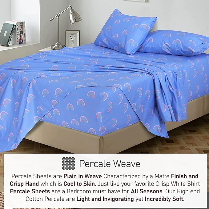 RUVANTI 100% Cotton Full Size Bed Sheets, 4 Pieces, Soft & Breathable Percale Weave Bedding, Deep Pocket 16", Hotel Standard, Crisp Cool Feel, Durable, Perfect Sheet Set Floral, Baby Rainbow