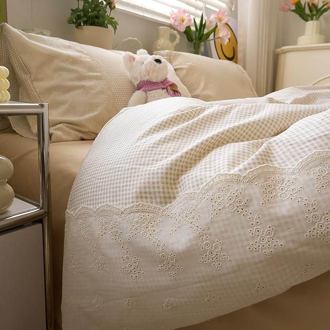 LifeTB Tan Gingham Duvet Cover Full Size 3 Pieces Romantic Lace Duvet Cover Vintage Plaid Checkered Comforter Cover with 2 Pillowcases Soft Microfiber Beige Tan Grid Farmhouse Plaid Bedding Set
