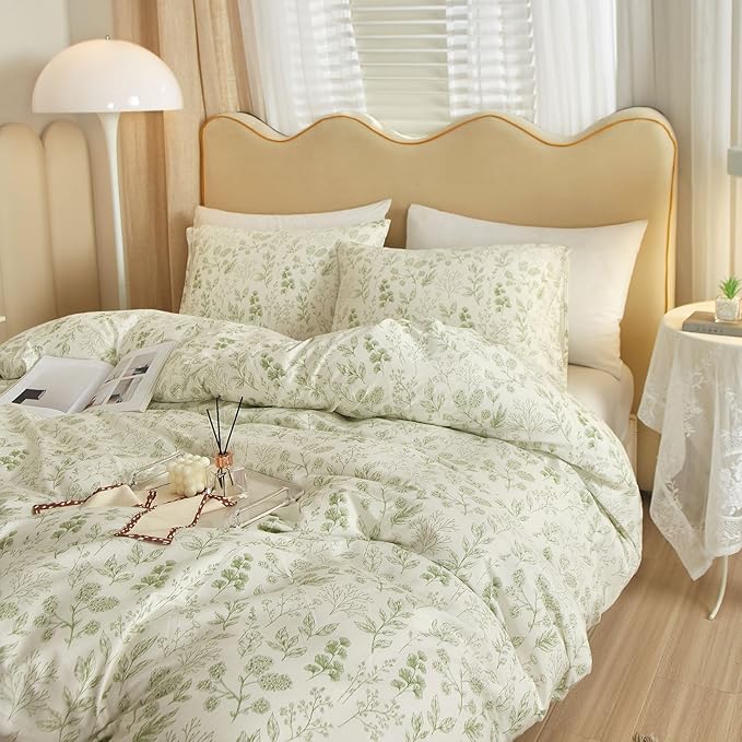 EAVD Reversible Botanical Floral Duvet Cover King Soft Cotton Chic Shabby Garden Green Floral Bedding Set with 2 Pillowcases Fresh Vintage Style Green Floral Comforter Cover with Zipper Closure