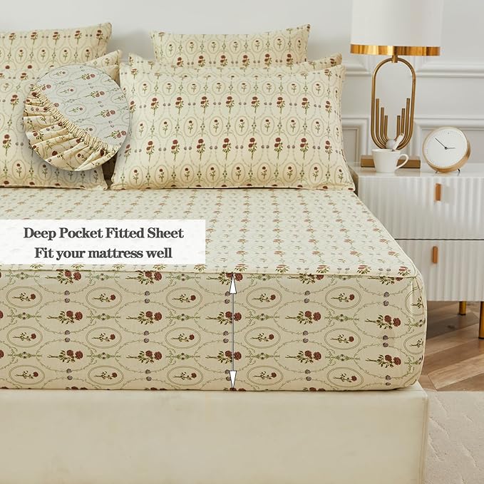 FADFAY King Size 100% Cotton Beige Bed Sheets Set Elegant Red Rose Floral Pattern, Soft and Luxurious Shabby Vintage French Country Bedding, 4 Pieces Deep Pocket Fitted Sheet