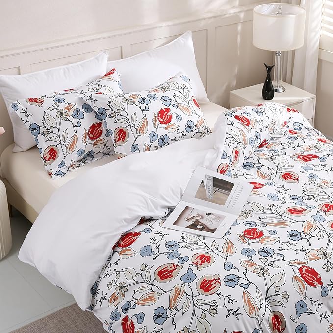 LONAVA King Flower 3 Pcs Duvet Cover Set, Breathable Soft Microfiber White Lining Comforter Cover with Zipper Closure, and 2 Anti-Pilling, Fade Resistant Pillowcases, Red Bud