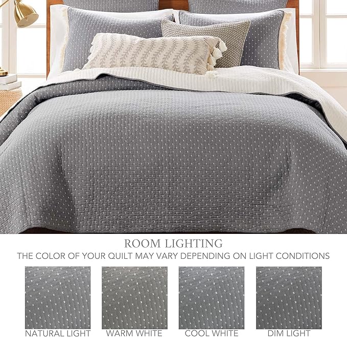 Levtex Home Cross Stitch Reversible Queen Bedspread Set (104x106in) with 2 Pillow Shams (26x20in) - Stitch Texture - Grey and White - Cotton Queen Size Bedspread Set - Lightweight, Soft, Pre-Washed