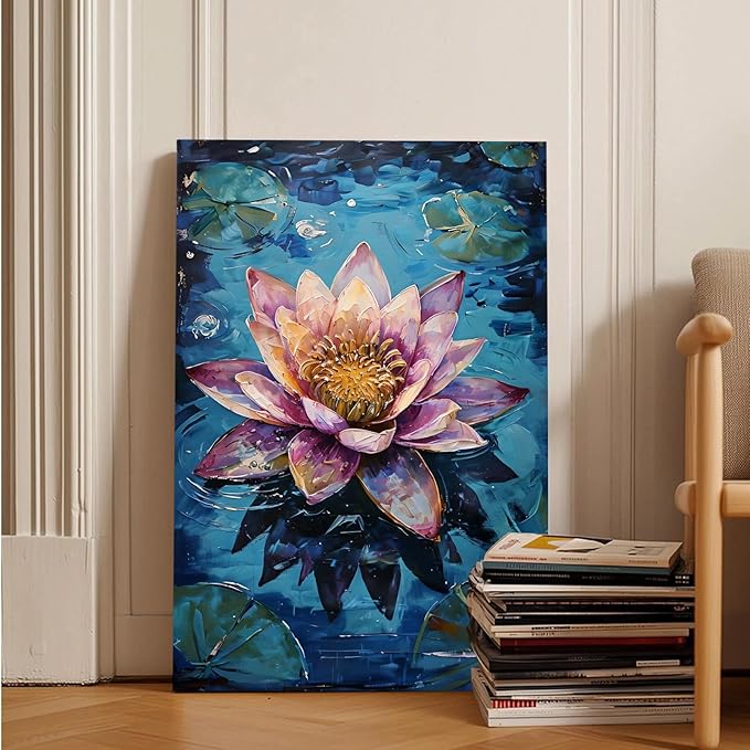Gorgeous pink and purple water lilies on deep blue water Eye-catching oil painting Serene aquatic wall art for modern home decor 8x12in Frameless