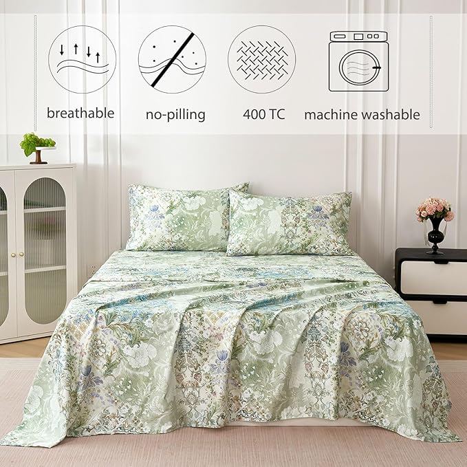 Zusbest King Size Sheets Luxury Sage Green Floral Bed Sheet Set 100% Cotton, Satin Weave Soft Silky Breathable for Hot Sleepers American Country Style Vintage Flower Deep Pocket 17.5‘’ Bed Set 4Pcs