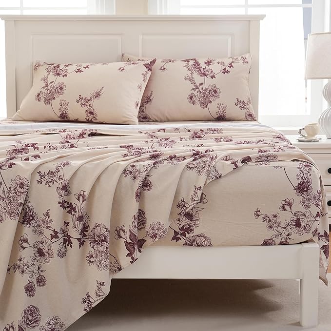 Zusbest Queen Sheet Set 100% Percale Cotton Red Floral Bed Sheet Set, Brushed for Extra Softness, Luxury Toile Flannel Like Sheets Shabby Vintage Flower Print Deep Pocket Sheets 17.5'' 4 Pcs