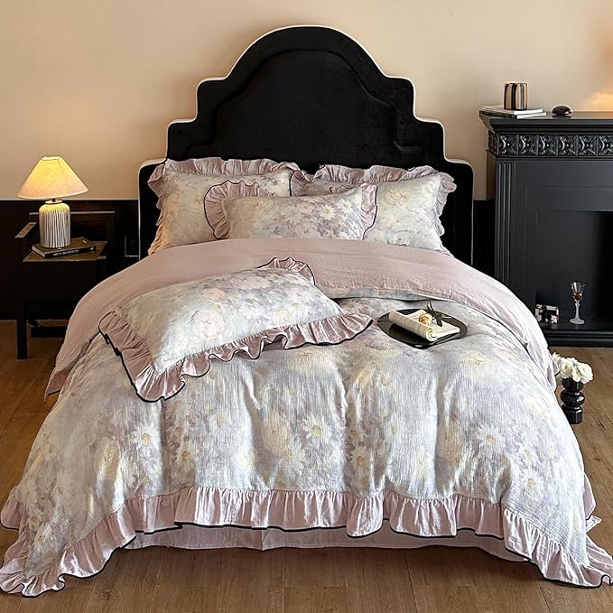HighBuy Linen Duvet Cover Queen Vintage Purple Floral Ruffle Coquette Bedding Set French Yarn-Dyed Textured Soft Breathable Farmhouse Bedding with Zipper Closure & 4 Corner Ties - Linen,Queen