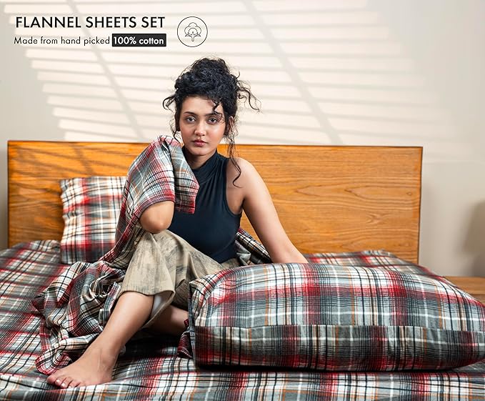 RUVANTI Flannel Sheets Queen Size - 100% Cotton Double Brushed Bed Sheets, Deep Pockets 16 Inches Queen Sheet Set, All Seasons Breathable & Extra Soft - Warm & Cozy, 4 Piece, Halloween Check