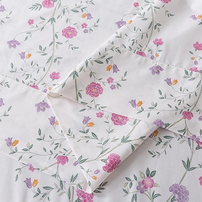 Zusbest King Sheets, Soft 100% Cotton Pink & Off White Floral Bed Sheets,Shabby Vintage Chic Purple Flower Printed Sheets,Breathable Home Decor, Garden Style 4 Piece Deep Pocket 17.5‘’（Rosy）