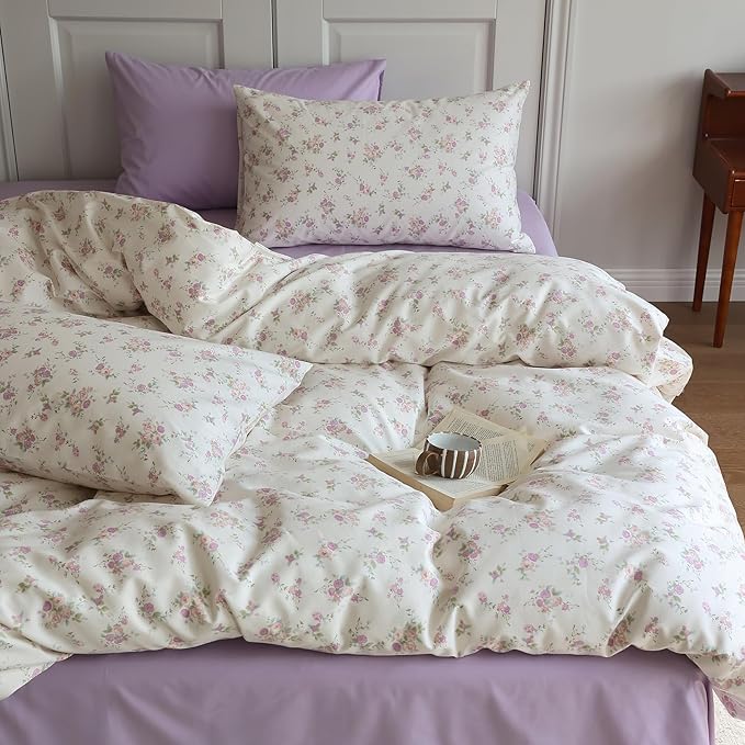 Vintage Style Pink Purple Floral Duvet Cover King 100% Cotton Chic Garden Floral Bedding Set Botanical Flower Comforter Cover with 2 Pillowcases Cottagecore Bedding Cover King with Zipper Closure