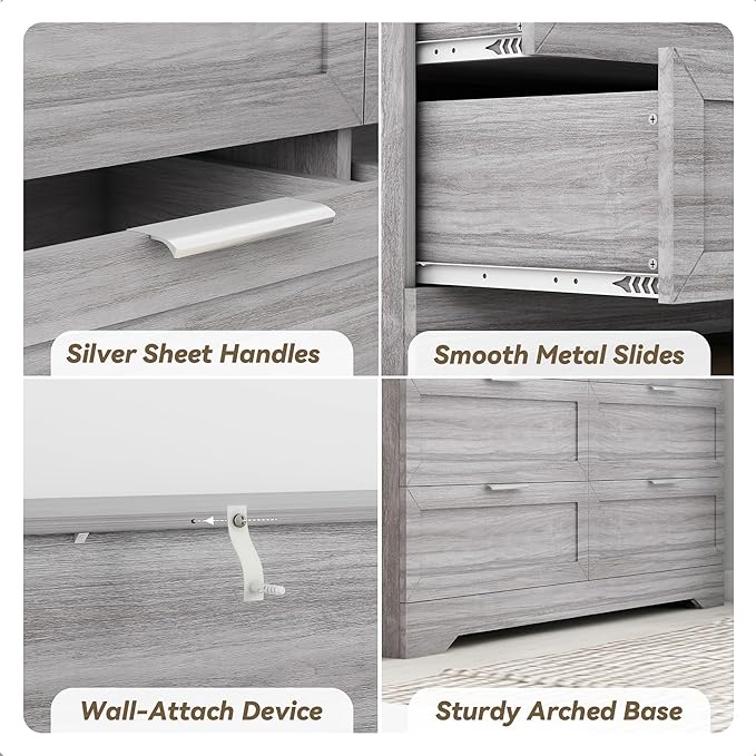 Modern 6-Drawer Dresser for Bedroom, Dresser Chest of Drawer with Large Drawers & Silver Handles, Wooden Dressers Drawers Storage Unit for Bedroom, Living Room, Closet (Wash Grey)