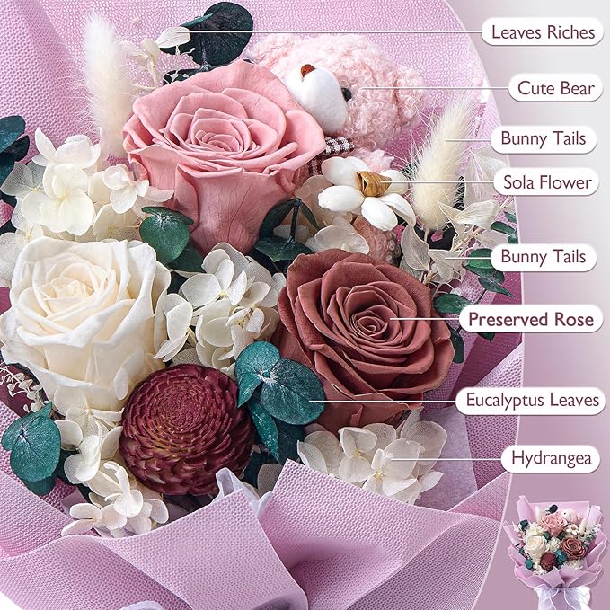 Polylove Forever Flower Bouquet Flowers for Delivery Prime Preserved Roses with Bear Gift Box for Wife Women Mother Day Anniversary Birthday (Purple)