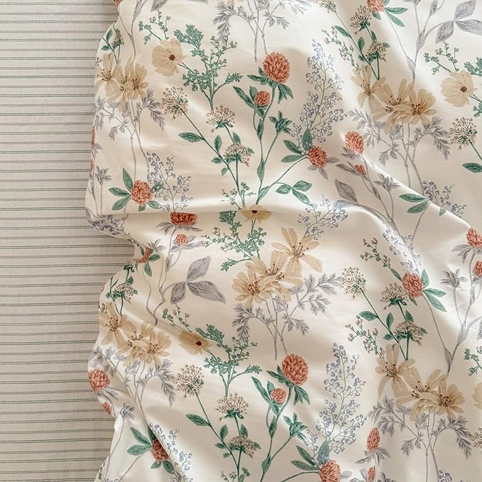 EAVD Fresh Garden Botanical Floral Duvet Cover King Soft 100% Cotton Chic Floral Leaves Print Bedding Set with 2 Pillowcases Aesthetic Botanical Comforter Cover with Zipper Closure