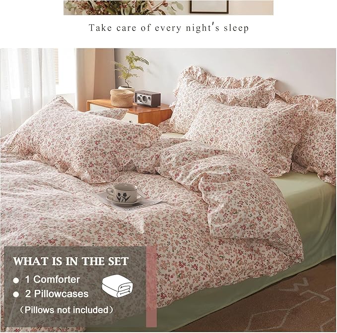 VM VOUGEMARKET Girls Comforter Set with Pink Red Flower Pattern Elegant Floral Bedding Comforter with 2 Ruffle Pillow Shams Cottagecore Comforter Set (3 pcs,Twin XL)