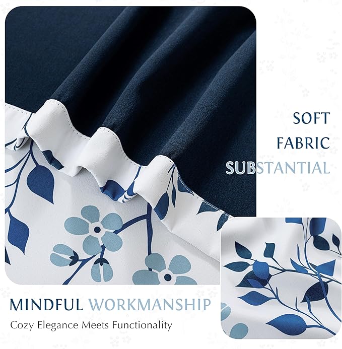 Beauoop Floral 100% Blackout Curtains 84 Inches Long 2 Panels for Bedroom Living Room Navy Blue and White Flower Patterned Room Darkening Thermal Soundproof Grommet Window Treatments Drapes, 52X84