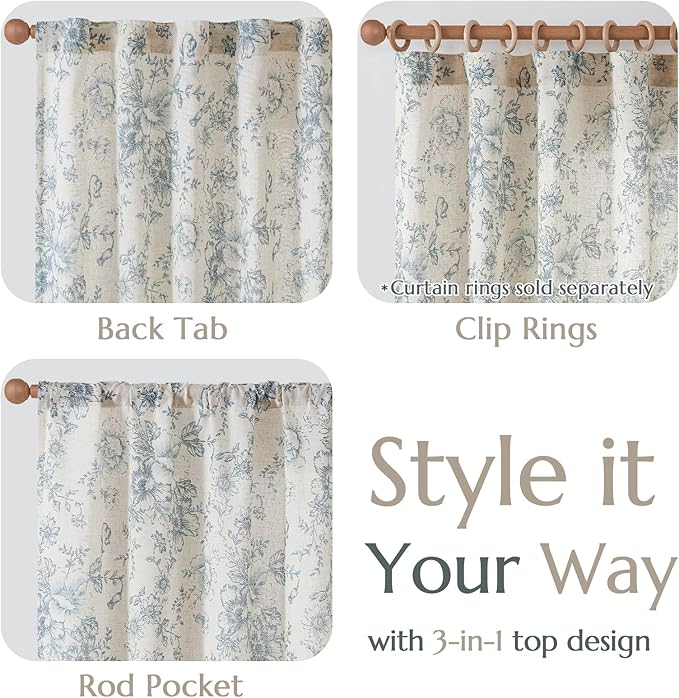 jinchan Linen Floral Curtains 100 Inch Extra Wide for Patio Sliding Glass Door Room Divider Curtain for Living Room 90 Inch Length Farmhouse Peony Blue Printed Curtain Set 1 Panel