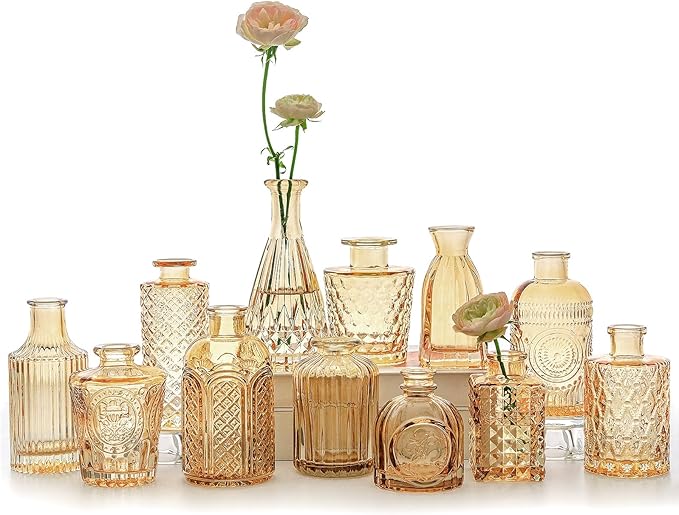 12pcs Glass Bud Vase Set, Small Gold Amber Flower Vases for Centerpieces in Bulk, Mini Vintage Vase for Wedding, Home,Table Decoration