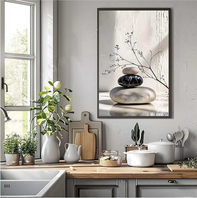 Gray and black stone pile and dried flowers poster canvas wall art in harmony Minimalist wall art for tranquil homes and mindful spaces 24x36in Metal blackFramed