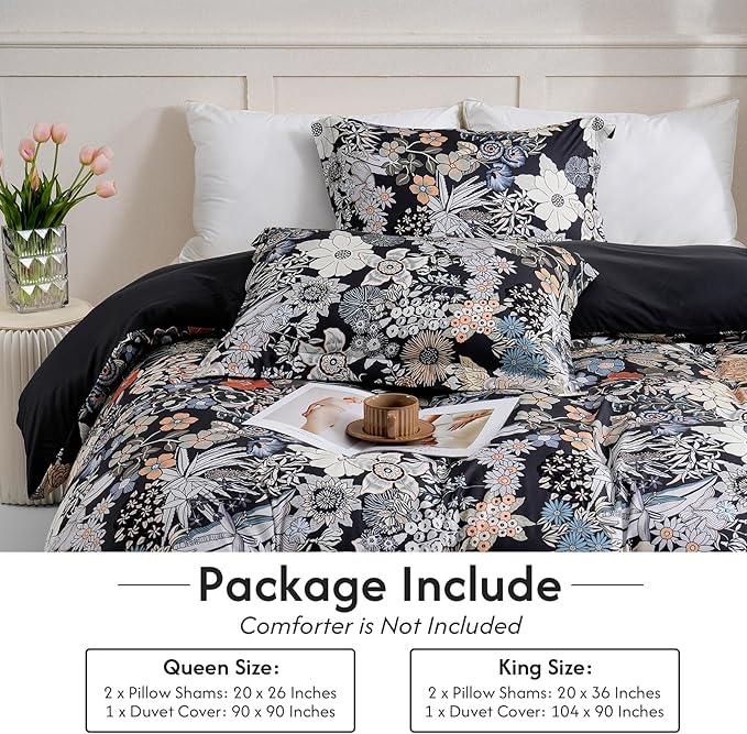 LONAVA Queen Flower 3 Pcs Duvet Cover Set, Breathable Soft Microfiber Black Lining Comforter Cover with Zipper Closure, and 2 Anti-Pilling, Fade Resistant Pillowcases, Midnight Blossoms