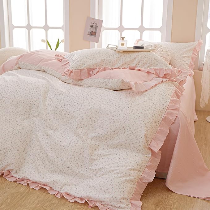 VM VOUGEMARKET Queen Comforter Set Pink Floral Comforter Romantic Girls Ruffle Lace Bedding Set Soft Lightweight Girls Comforter with 2 Pillow Shams