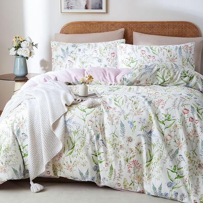 EAVD Vintage Style Botanical Floral Duvet Cover King Soft Cotton Chic Cute Bird Floral Print Bedding Set with 2 Pillowcases Vibrant Garden Botanical Comforter Cover with Zipper Closure