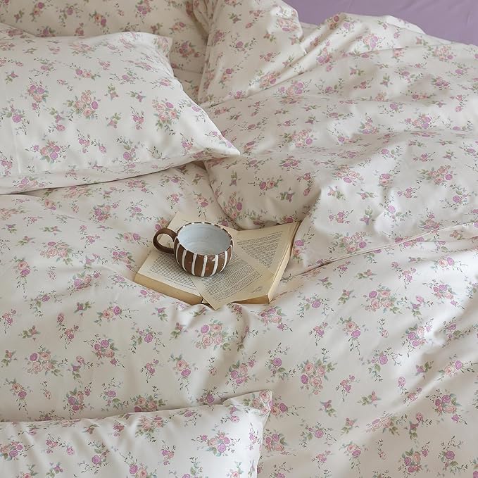 EAVD Botanical Floral Duvet Cover Twin Soft Cotton Chic Shabby Garden Pink Purple Floral Bedding Set with 2 Pillowcases Reversible Vintage Floral Comforter Cover with Zipper Closure