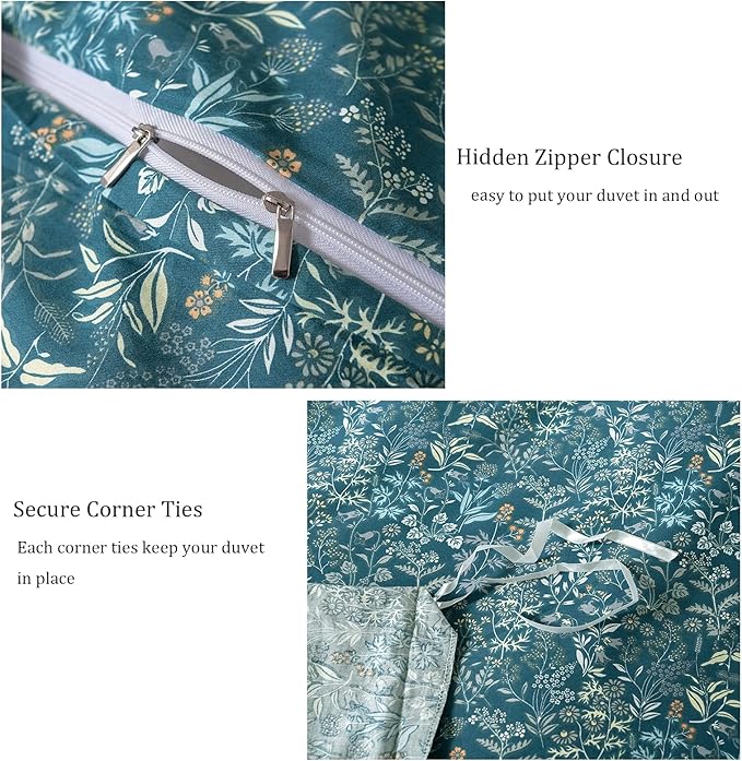 EAVD Botanical Floral Duvet Cover Full Blue Soft Cotton Garden Floral Bedding Set with 2 Pillowcases Vintage Style Botanical Full Duvet Cover with Zipper Closure