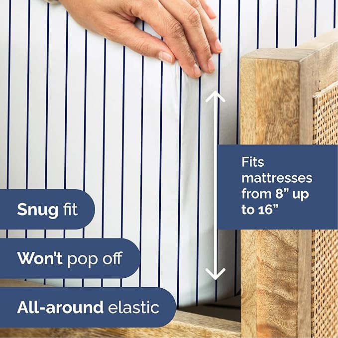Striped Sheets - Navy Blue & White Striped Sheets - 1 Flat & 1 Fitted & 1 Pillowcase w/ Deep Pockets – Wrinkle & Fade Free - Soft, Breathable & Cooling – Luxury Pinstripe Bedding - Twin Size Bed Set